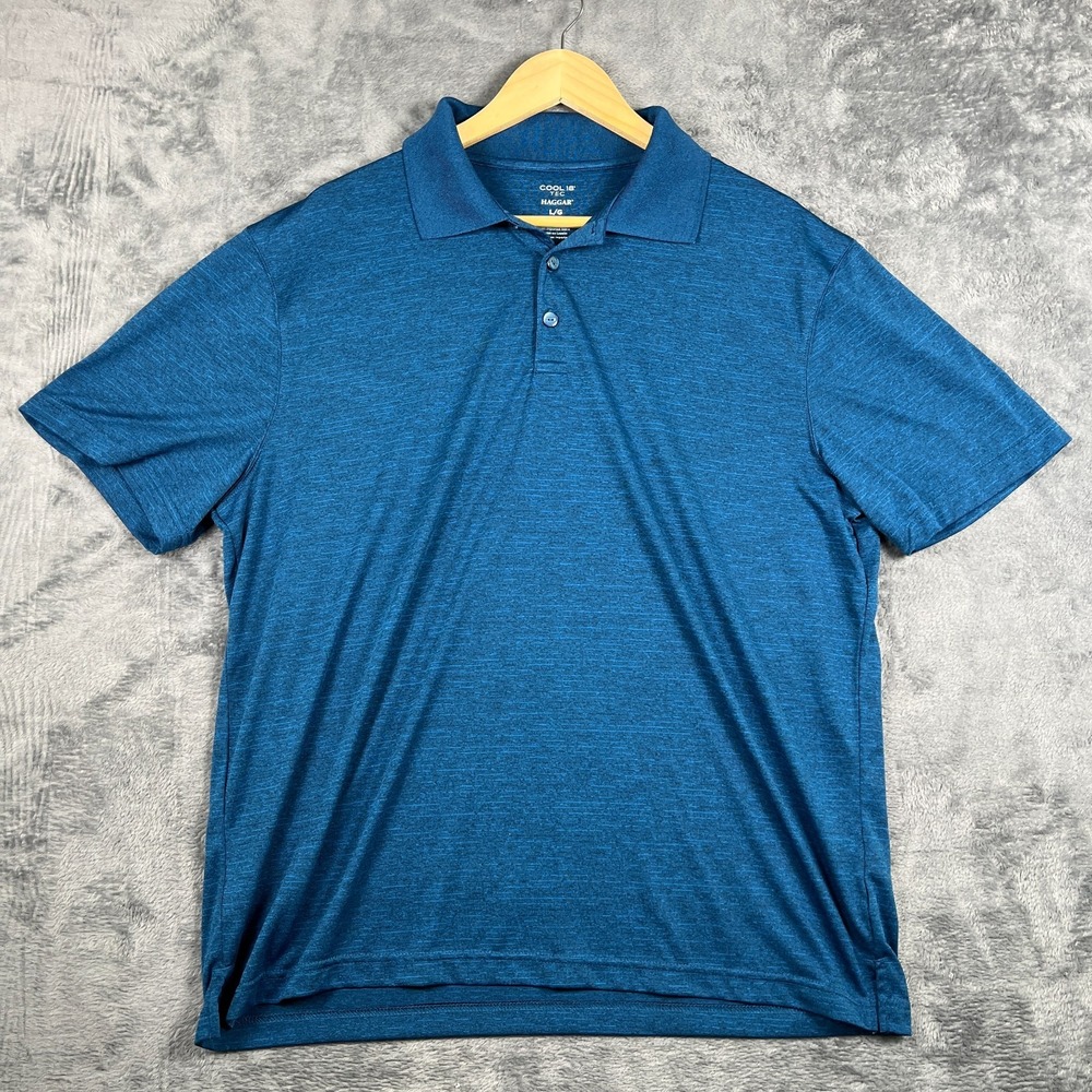 Haggar Cool 18 Tec Polo Shirt Mens Large Blue Marl Space Dye Performance Tennis